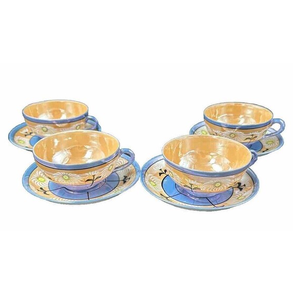 Vintage Japanese Lusterware 4 Teacups and 6 Saucers Set Iridescent Hand Painted - Picture 15 of 16